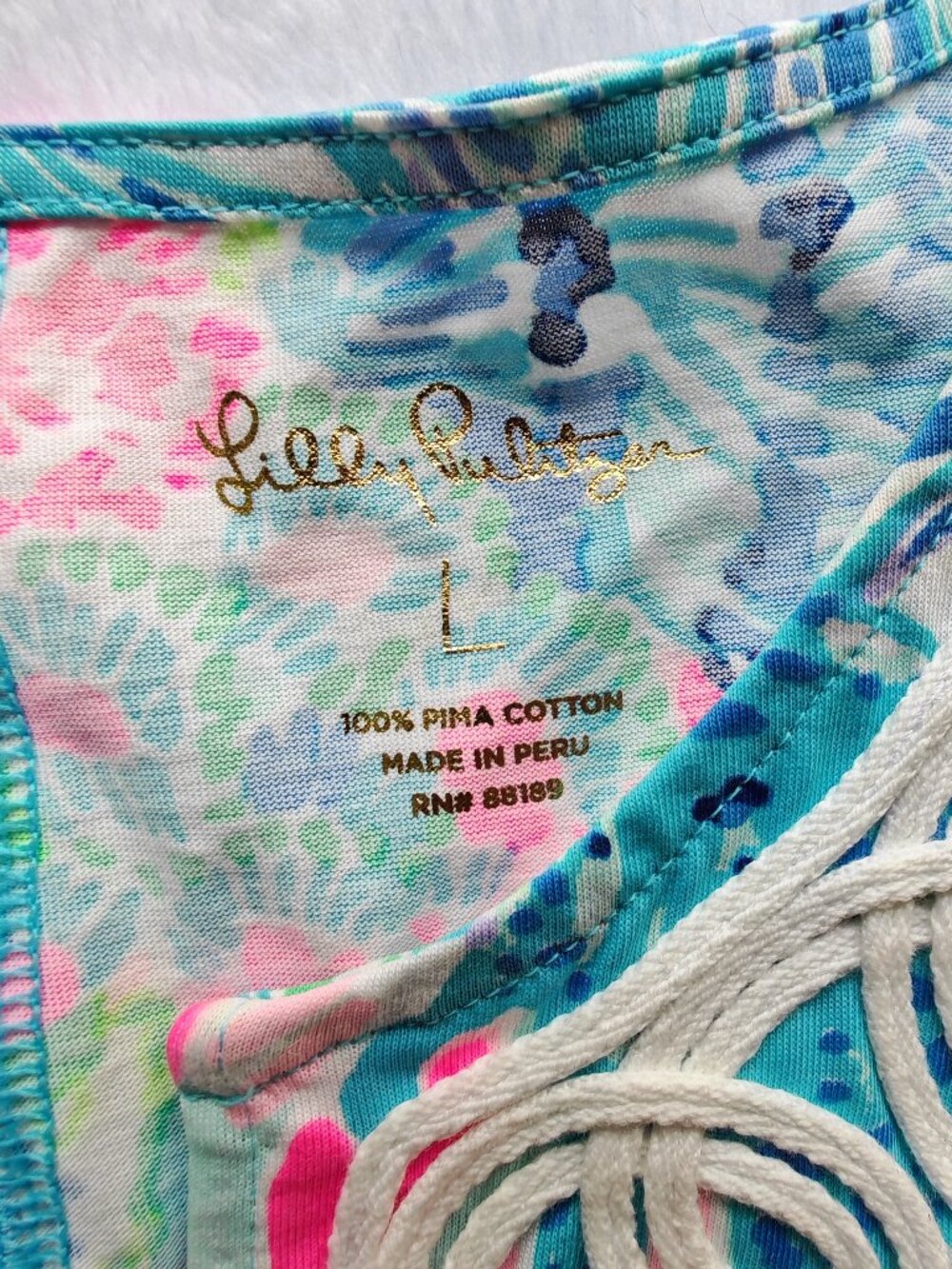 Lilly Pulitzer Pima Cotton Tunic Dress L Blue Pink Tropical Print Lace Neckline - Picture 6 of 11